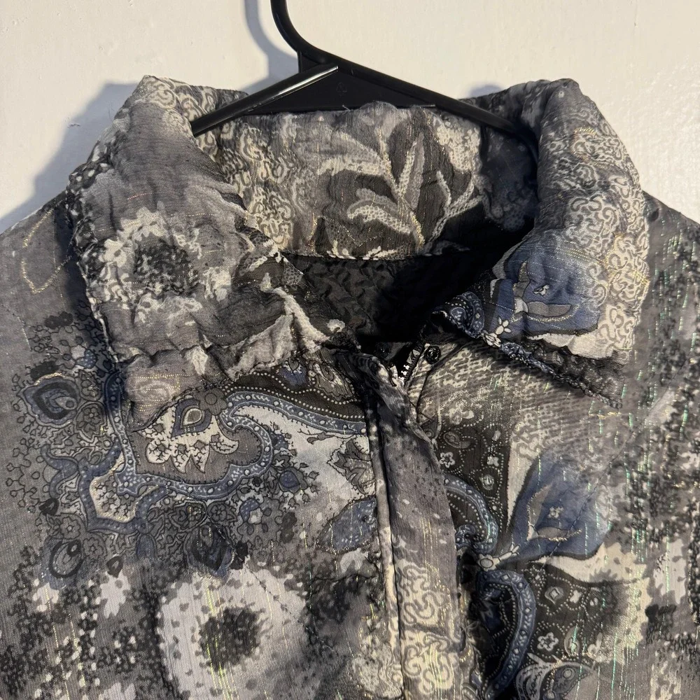 Vtg Y2K UbU Reversible Paisley Zip Jacket Metallic Floral Abstract Retro Silvr L
